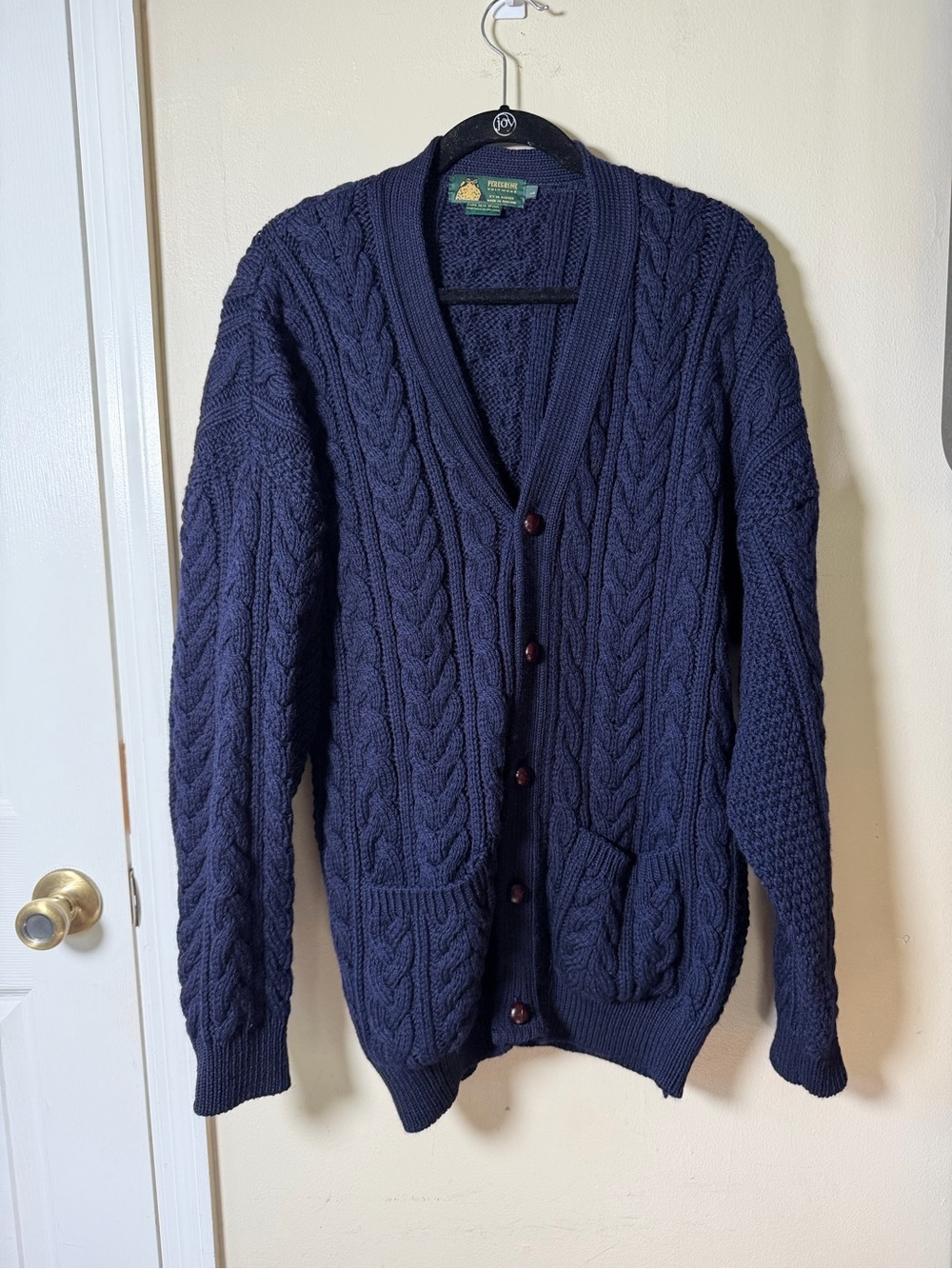 Peregrine Made in England Pure New Wool Cable Knit Cardigan Navy Medium